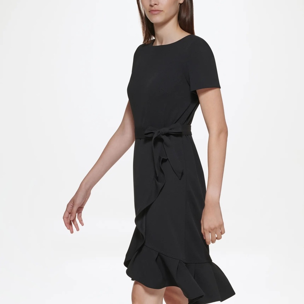 Classy Calvin Klein tie waist hem black dress